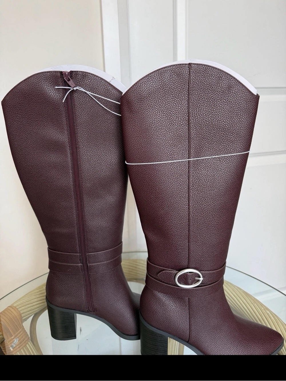 a new day Burgundy Mid-Calf Heeled Boots with Silver Buckle